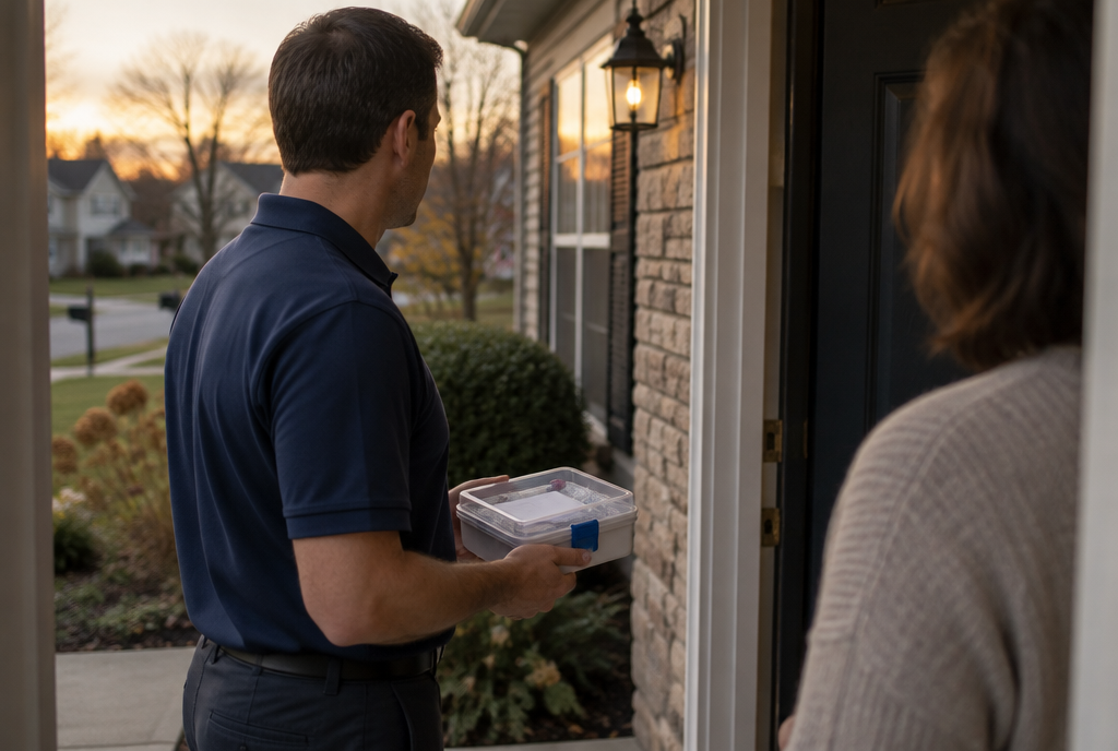 Work Safely collector greeting a customer at a residential front door at dusk with a testing kit
