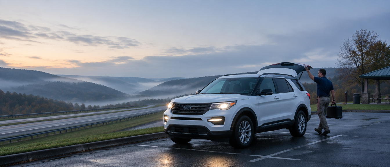 White SUV parked at a mountain overlook at dawn while a person loads a case into the back