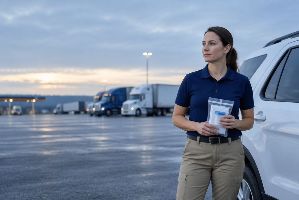 Work Safely collection specialist holding a sealed specimen kit beside a company SUV at a truck terminal at dusk
