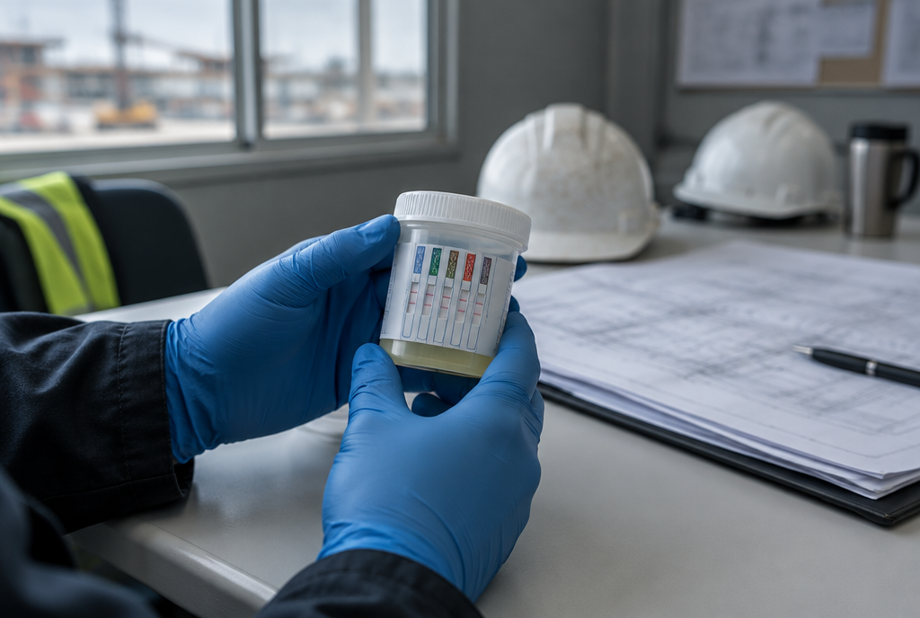 Collector reading an instant drug test cup at a construction site office with hard hats in the background