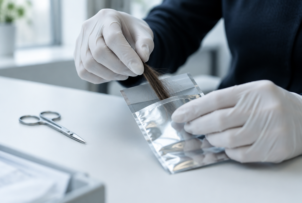 Collector sealing a hair sample into a foil collection envelope