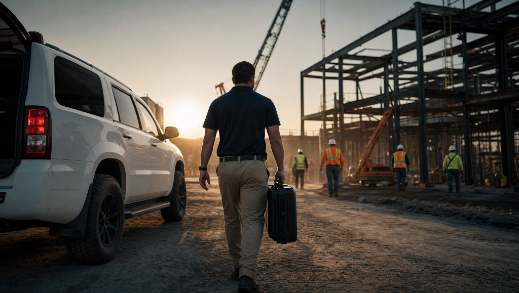 Collector walking from a company vehicle toward a construction site carrying a collection case
