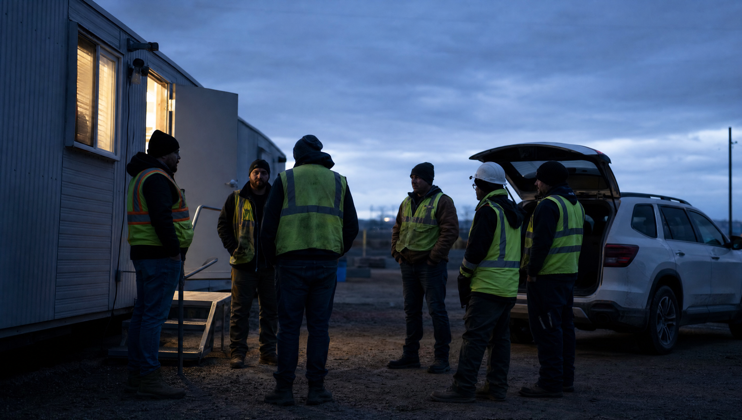 Crew in high-visibility vests meeting outside a job site trailer at dusk
