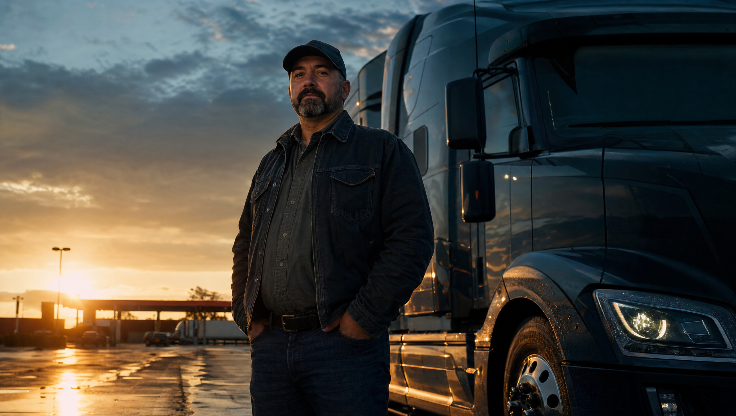 Commercial truck driver standing beside a tractor-trailer at sunset